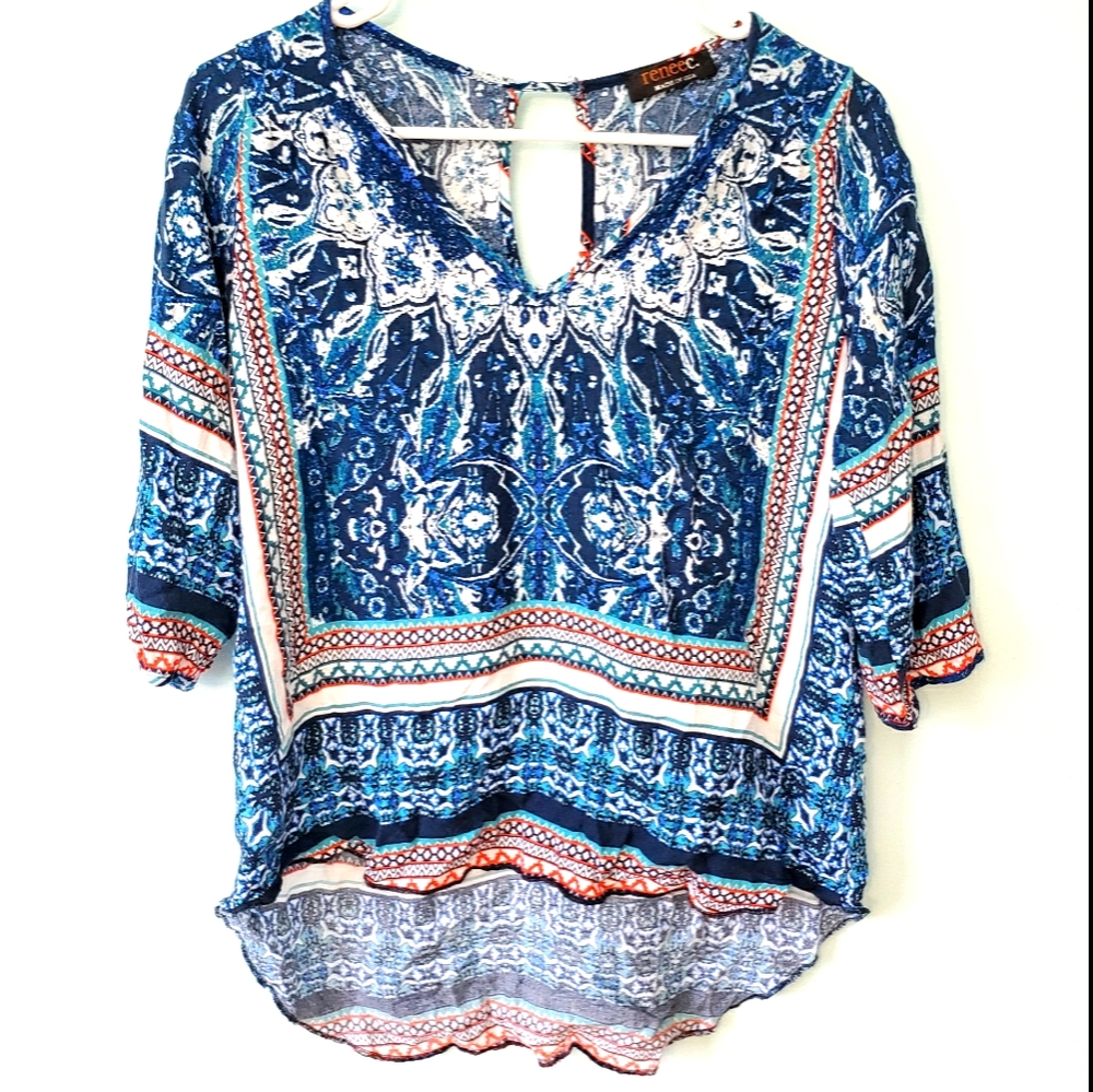 Renee C Aztec Bohemian V-Neck Blouse Size XS